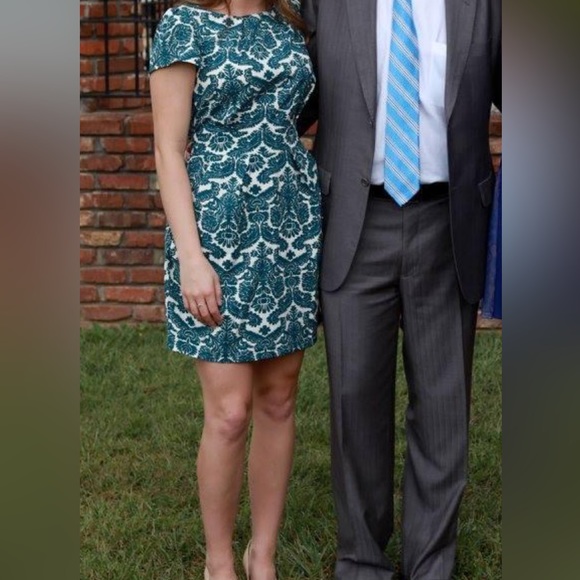 Teal Patterned Puff Sleeve Dress with Pockets - Picture 2 of 7